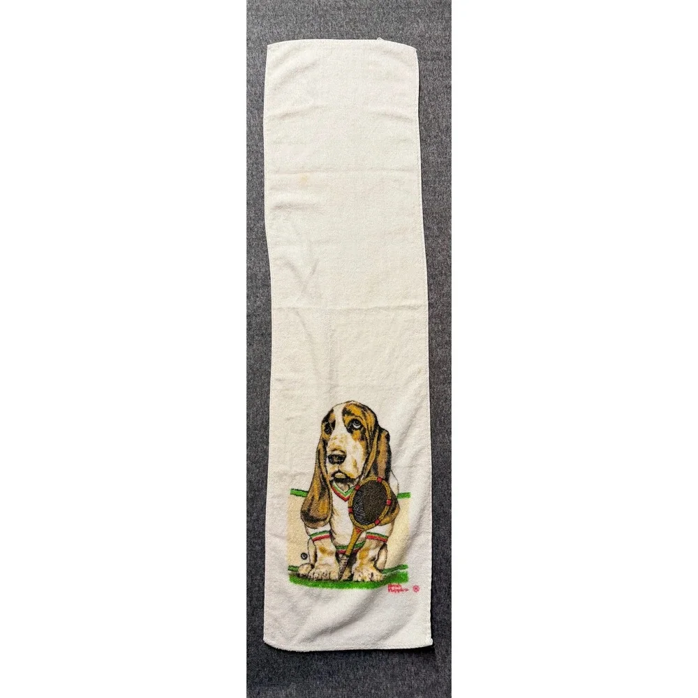 Vintage Cannon Hush Puppies Basset Hound Tennis hand Towel White Cotton 80s